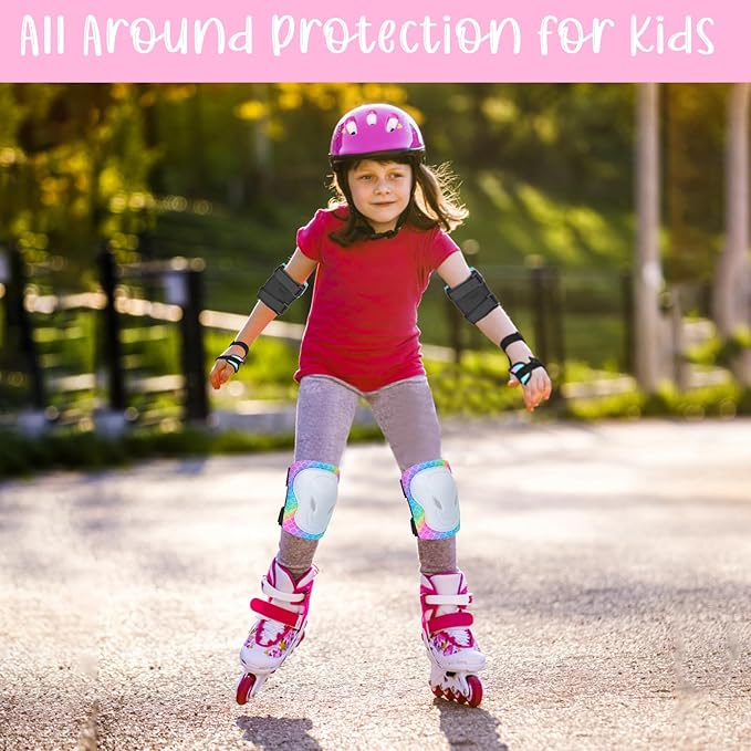 Kids Knee and Elbow Pads Set, 7 in 1 Skating Protective Gear for Skateboard, Roller Skating, Scooter, Cycling, 3-8 Years