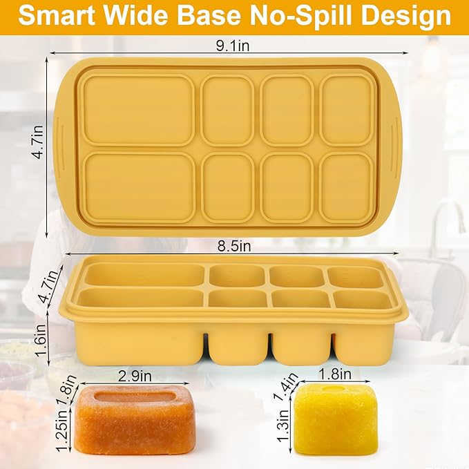 Palksky Silicone Freezer Tray with Lid, Silicone Freezer molds Dual-Size (30/40ml & 70/90ml) Leakproof Individual Seal Rings for Puree, Breast Milk & Homemade Meals (Blue Green Yellow)