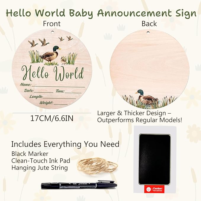 Mallard Duck Baby Announcement Sign, Hello World Newborn Sign, 6.7 Inch Round Wooden Name Sign for hospital, With Ink Pad for Hand and Footprints, Marker Pen, Baby Photo Prop & Keepsake