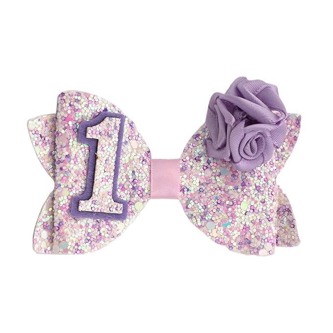 Birthday Hair Bow for Baby Girls 1 2 3 4 5 6 Years Sprinkle Decorations Party Hair Accessories Headband for First 1st Birthday Purple Rose