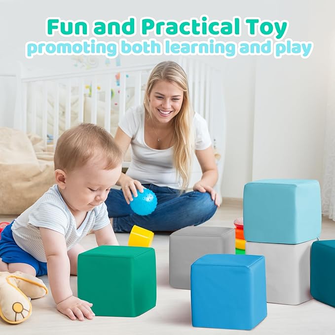 Foam Building Toys for Toddlers: 6-Pieces Waterproof PU Leather Soft Foam Blocks - Colorful Large Stacking Blocks - Early Learning Construction Toys Play Set for Kids Indoor Birthday Gift (Modern)
