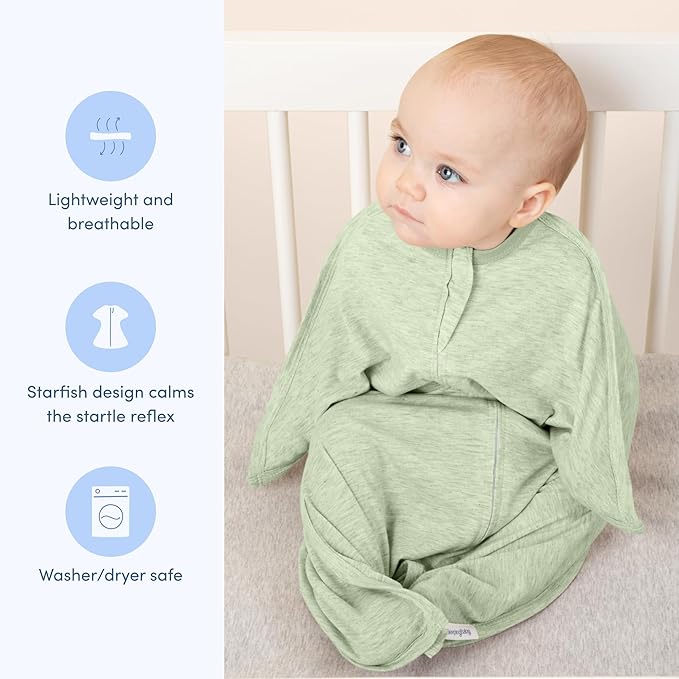SleepingBaby Zipadee-Zip Transition Swaddle - Cozy Baby Swaddling Blanket with Zipper Convenience - Roomy Wearable Blanket for Easy Diaper Changes - 6-12 Month - Zen Garden Green Heather