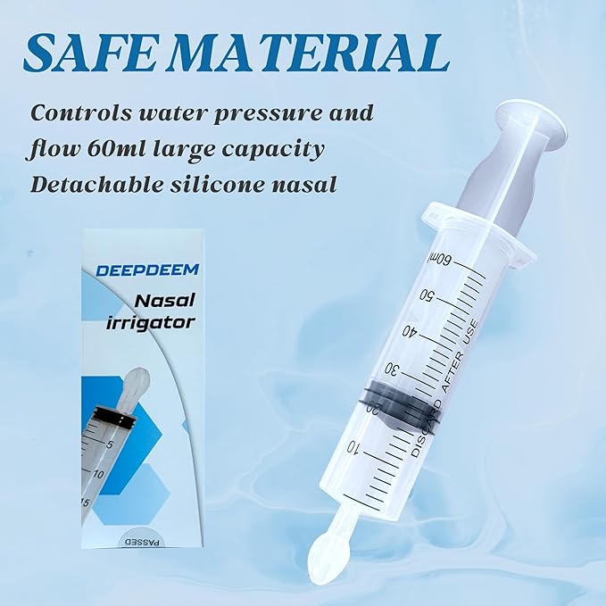Deepdeem Nasal Irrigator Syringe – Sinus & Allergy Relief with Gentle Nasal Irrigation for Congestion, Portable Home & Travel Use, Includes 10 Saline Flush Packets, BPA-Free & Easy to Clean 60ml