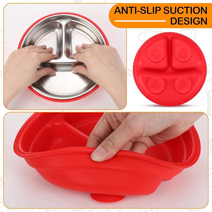 Nuogo 2 Pcs Stainless Steel Baby Suction Plates with Removable Silicone Shell 2-in-1 Metal Toddler Bowl Divided for Picky Eaters Kids Feeding Led Weaning Supplies, Dishwasher Safe (Orange,Red)