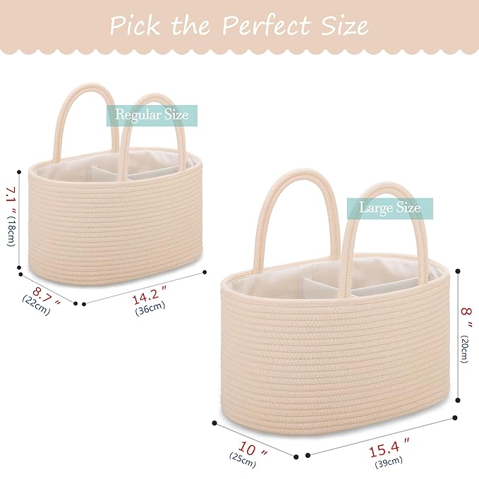 COMSE Large Baby Diaper Caddy Organizer for Girl Boy, Car Caddy with Handles, Cotton Rope Basket for Changing Table, Nursery Organizer, Gift for Baby Shower and Registry Must Have, Beige
