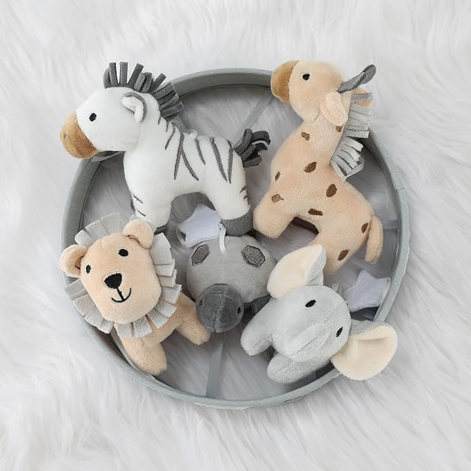 The Peanutshell Crib Mobile for Boys or Girls - Grey Musical Baby Crib Mobile with 12 Lullabies, Lion, Elephant, Zebra, Safari Plush Toys Hanging, Infant Baby Mobile Crib, Safari Nursery Decor