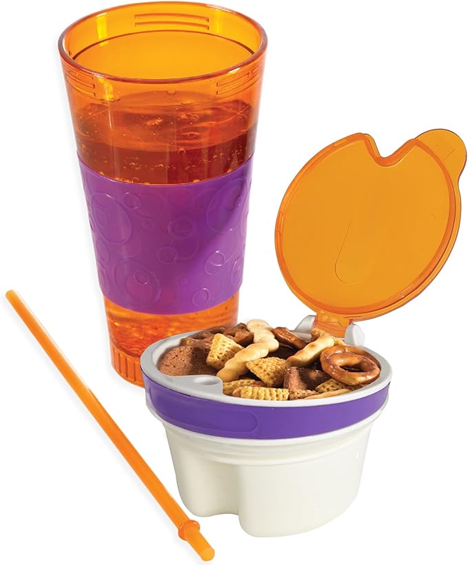 2 in 1 Snack Drink Cup Kids Spill Proof Tumbler Plastic Straw Lid Locks 16 Oz