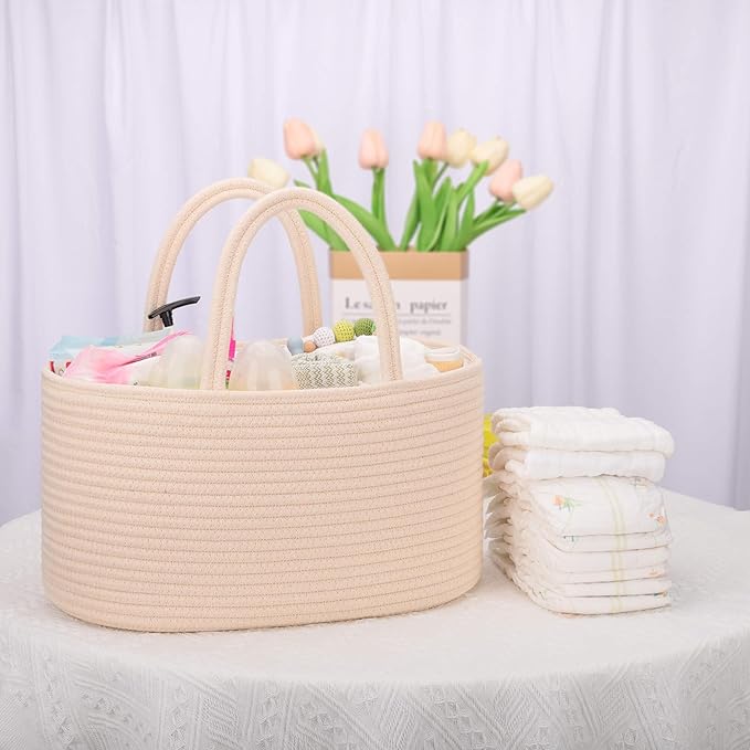 COMSE Large Baby Diaper Caddy Organizer for Girl Boy, Car Caddy with Handles, Cotton Rope Basket for Changing Table, Nursery Organizer, Gift for Baby Shower and Registry Must Have, Beige