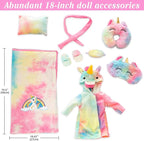 American 18 inch Doll Clothes and Sleeping Bag Set - Rainbow Unicorn Doll Costume with Unicorn Style Sleeping Bag, Pillow, Eye Mask Slumber Party Accessories