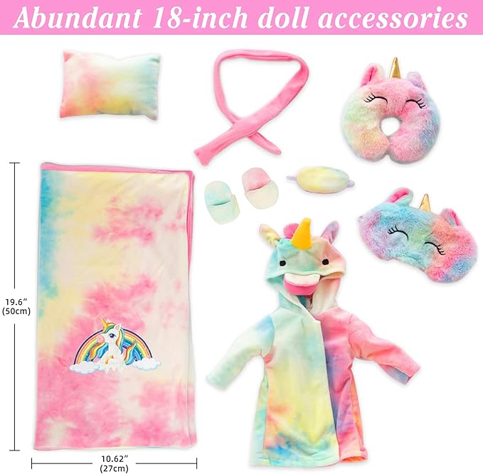 American 18 inch Doll Clothes and Sleeping Bag Set - Rainbow Unicorn Doll Costume with Unicorn Style Sleeping Bag, Pillow, Eye Mask Slumber Party Accessories