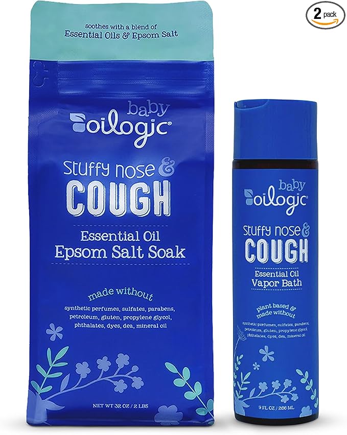 Oilogic Baby Stuffy Nose & Cough Power Bundle with Vapor Bath Relief & Epsom Salt Soak - Baby Bath Essentials - Made with Blended Essential Oils