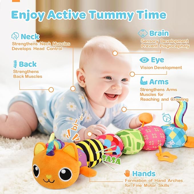 Baby Toys 0-6 6-12 Months, Sensory Musical Animal Stuffed Toy for Infant 0-3 3-6 Months, Tummy Time Toys with Mirror Crinkle Rattle, Plush Unicorn Cat Toy Gifts for 0 1 2 3 4 5 6+ Months Boys Girls