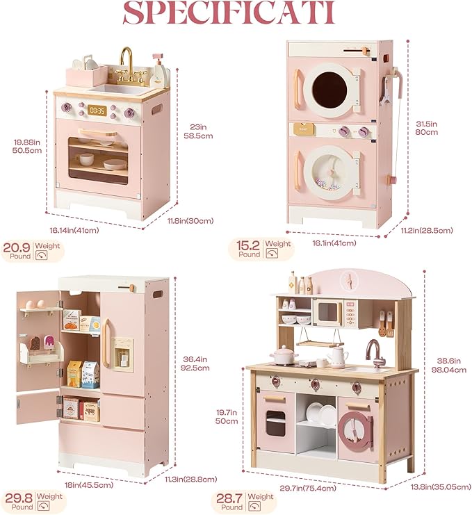 ROBOTIME Wooden Kids Play Kitchen – 4-in-1 Toddler Play Kitchen Set with Fridge, Washer & Dishwasher – Wooden Corner Cooking Playset for Boys & Girls Ages 3+