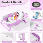 Collapsible Baby Bathtub for Newborns with Thermometer and Soft Floating Cushion Portable and Foldable Travel Baby Bath Tub for Infants to Toddler 0-36 Month (Purple)