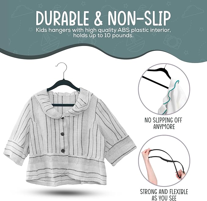 50 Premium Kids Velvet Hangers - 14" Non-Slip Clothes Hangers for Kids & Preteens - Ultra Slim, Space-Saving, Strong & Durable Hangers with 360° Swivel Hook - Black