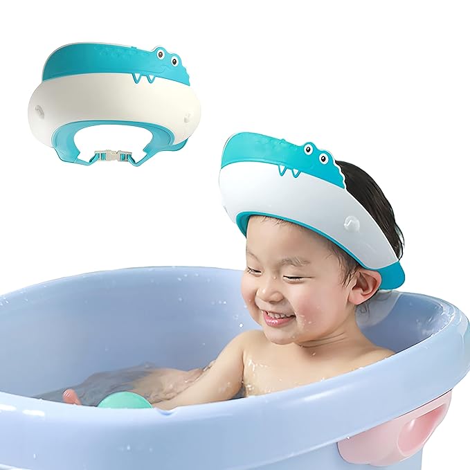Baby Shower Cap Shield, Shower Cap for Kids, Visor Hat for Eye and Ear Protection for 0-9 Years Old Children,Cute Dinosaur/Crocodile/Hippo shape Makes the Baby Bath More Fun (Crocodile, Blue)