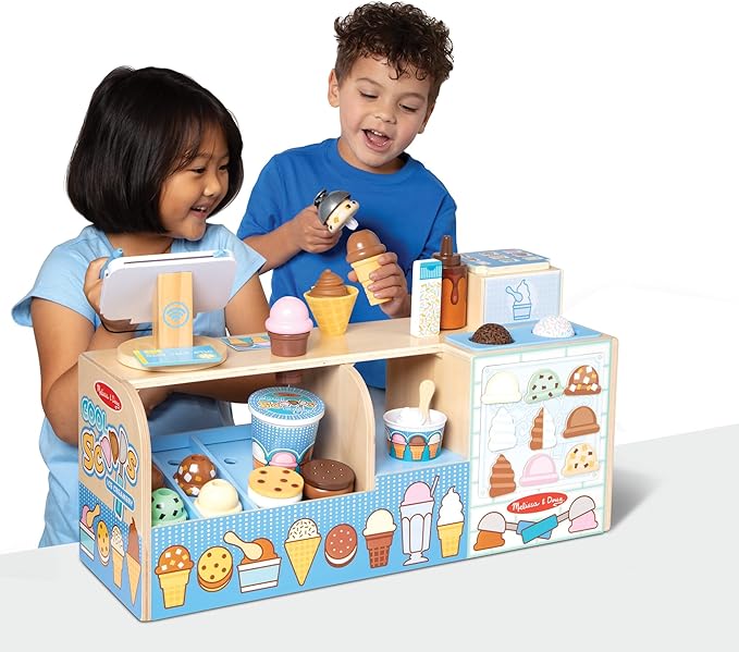 Melissa & Doug Wooden Cool Scoops Ice Creamery Play Food Toy Wooden Pretend Play Frozen Treats for Toddlers, Preschoolers, Boys and Girls - FSC-Certified