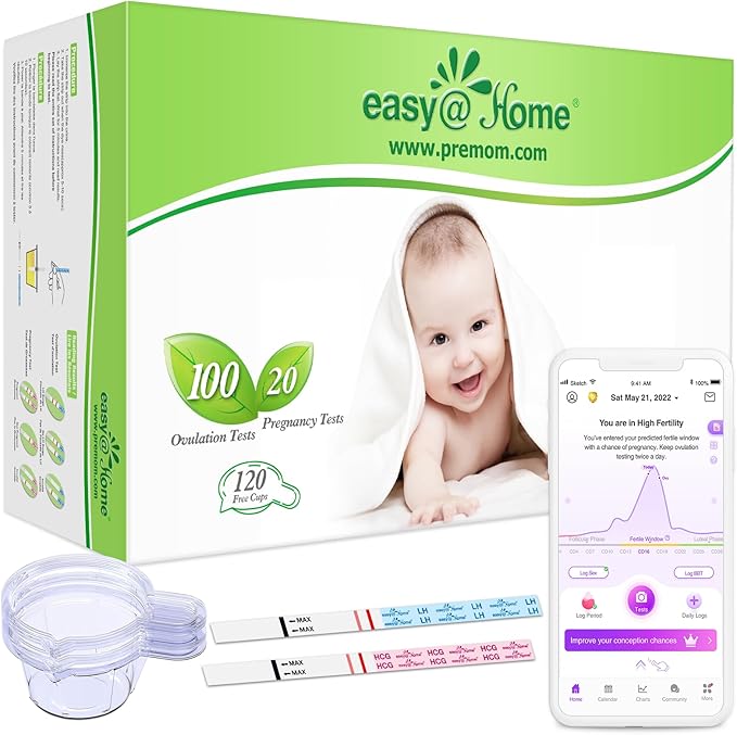 Easy@Home 100 Ovulation Test and 20 Pregnancy Test Strips, FSA Eligible Ovulation Test Kit Powered by Premom Ovulation Predictor Free APP,100LH + 20HCG + 120 Urine Cups-Package May Vary