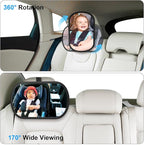 Baby Car Mirror, Safety Car Seat Mirror for Rear Facing Infant, Clear Wide View, 360°Rotation, Easily Observe the Baby Move, Secure, Shatterproof, Crash Tested and Certified (Black)