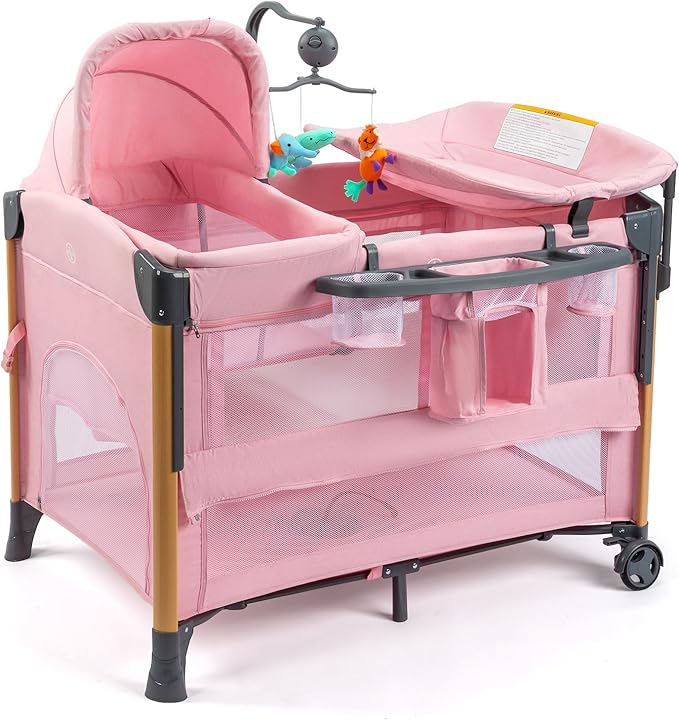 JOYMOR 7 in 1 Bedside Bassinet with Changing Table, Baby Girl Bassinet, Pink Bedside Sleeper with Mattress, Sheet, Canopy, Storage Shelf