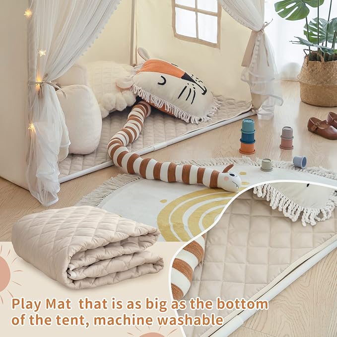 Kids Play Tent with Padded Mat, Kids Tents Large Princess Castle Pompoms Play House Indoor Playhouse Tent for Girl Bed Tents