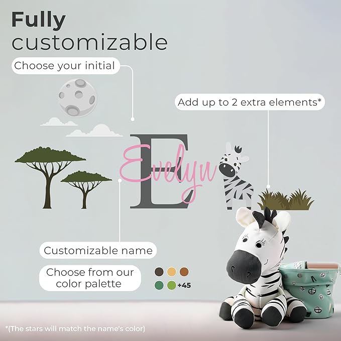 Personalized Name Jungle Animals Vinyl Wall Decor I Nursery Wall Decal for Baby Boy & Girl Decoration I Stickers for Kids I Multiple Sizes (E. Zebra)