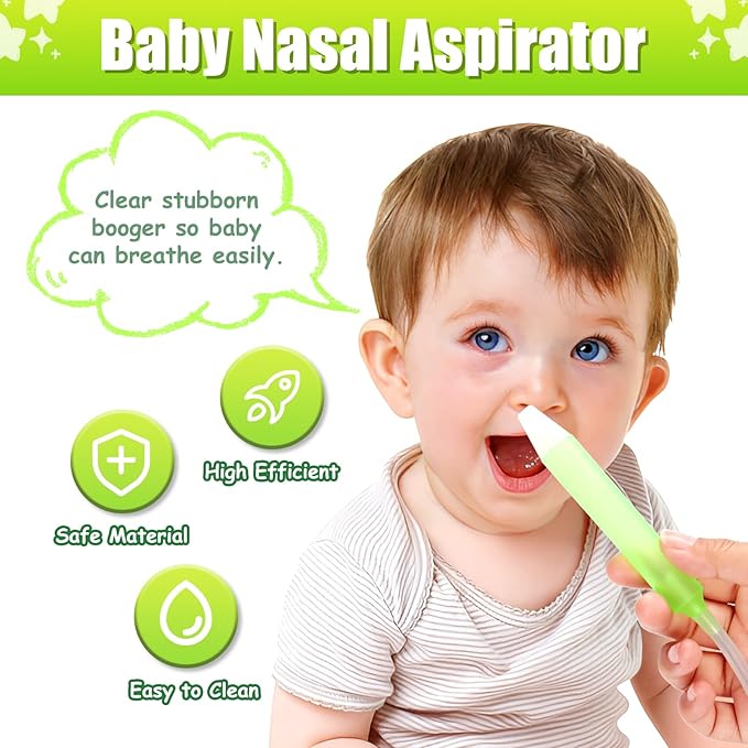 Baby Nasal Aspirator Nasal Congestion Relief with 25 Hygiene Filters 2 Silicone Tips with Nose Cleaning Tweezer, Green