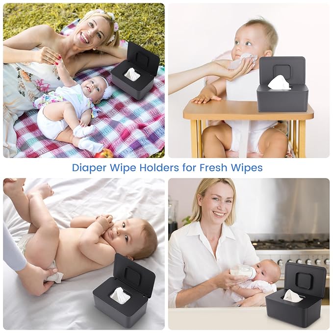 2 Pack Baby Wipes Dispenser, Baby Wipe Holder for Fresh Wipes, Non-Slip Baby Wipes Container, Refillable Wipes Box, Baby Wipes Case with Sealing Design Lid (Black and Black)