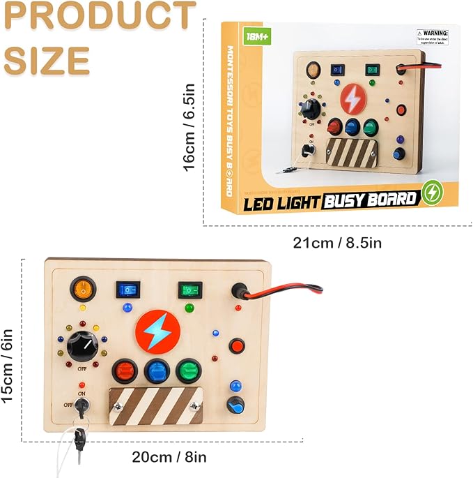 Joyreal Montessori Busy Board Wooden Sensory Toys for Toddler with LED Light Up Switch, Baby Fidget Board Travel Toys for 18+ Months, 1 2 3 Year Old Boys Girls Toddler Toy Gifts (Mixed Lights)