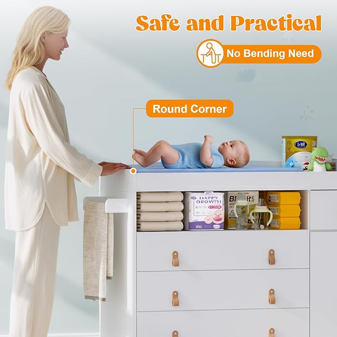 Baby Dresser with Changing Table Top, Baby Changing Table Dresser with 4 Drawers and Adjustable Shelves, Multi-Functional Diaper Changing Station, Nursery Organizer for Kids Bedroom, White