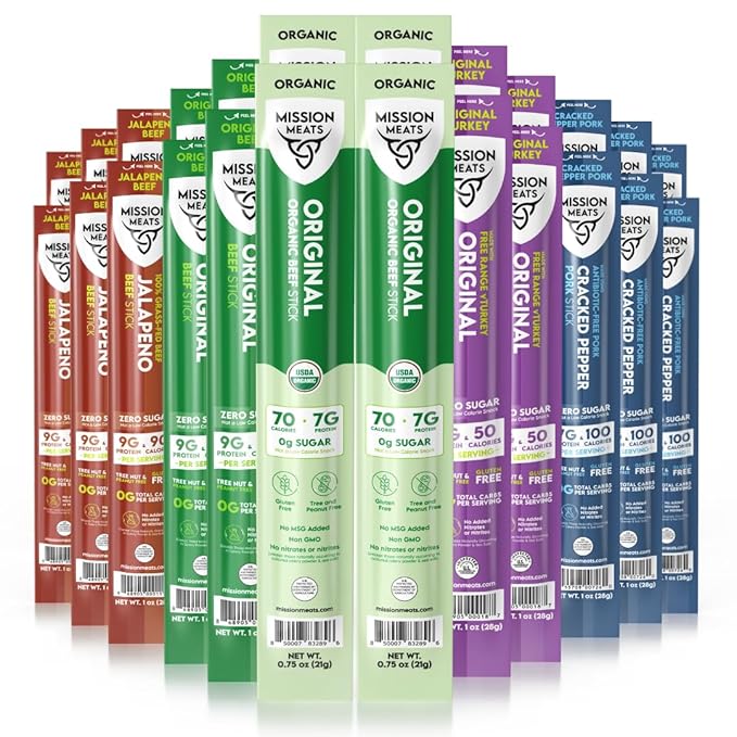 Mission Meats Variety Pack with Certified Organic Beef, Grass Fed, Free Range Turkey, and Cracked Pepper Pork – Gluten & Sugar Free, Whole 30 & Paleo Friendly, Delicious and Family Friendly (24 Count)