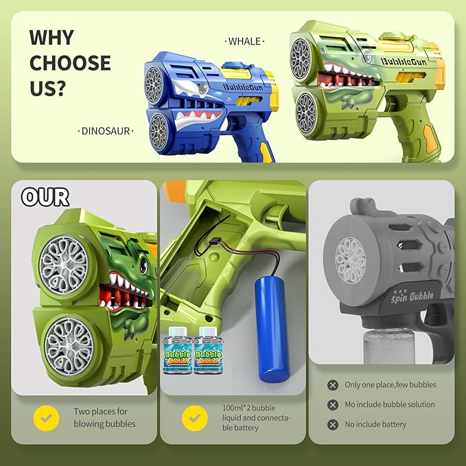 Rechargeable Green Dolphin Bubble Guns for Kids, LED Light Up Bubble Machine Blower with 2 Bottles Bubble Refill Solution for Kids, Bubble Makers Blaster for Toddlers, Summer Wedding Toys Gift