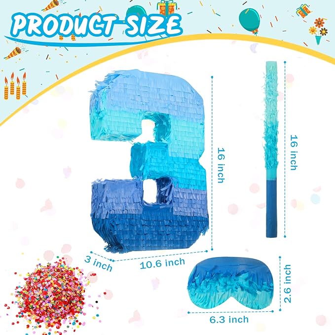 Sratte Number 1 2 3 4 5 6 7 8 9 Piñata with Stick Blindfold Confetti, Gradient Blue Piñata for Kids Boys Girls Birthday Party Anniversary Decorations Supplies(Number 3)