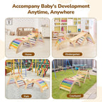 Pikler Triangle Set with Cushion, 8-in-1 Toddler Climbing Toys Indoor, Wooden Montessori Climbing Set with Arch Ramp,Ladder&Tent Cloth, Baby Indoor Climber Jungle Gyms for Toddlers Toy, Rainbow