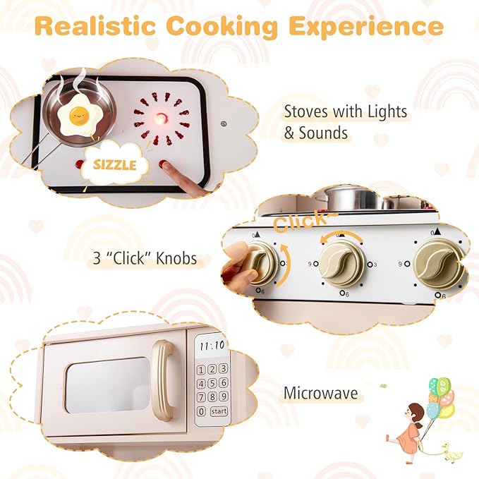 HONEY JOY Kids Kitchen Playset, Wooden Play Kitchen for Toddlers, Microwave, Range Hood, Ice Maker, 18 Cooking Accessories, Little Chef Pretend Play Toy Kitchen Set, Gift for Boys Girls, Pink