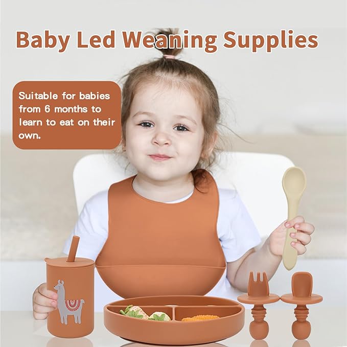 Silicone Baby Feeding Set, Baby Led Weaning Supplies, Baby Spoons Suction Divided Plate Bib Cup, First Stage Solid Food Eating Utensils - 6+ Months(Orange-Beige)