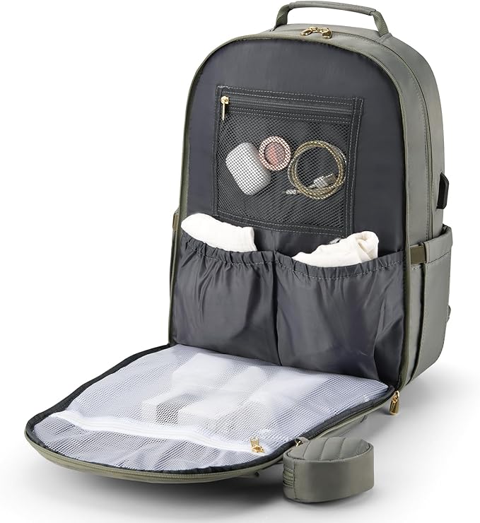 MOMUVO Diaper Bag Backpack, Quilted Baby Bag with Changing Pad & Stroller Straps & Pacifier Case, Multifunction Waterproof Travel Diaper Bags, Unisex, Olive Green