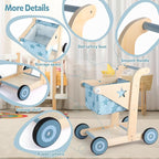 Asweets 2 in 1 Wooden Baby Walker Push and Pull Doll Stroller, Shopping Cart Learning Walker for Boys and Girls, Sit Stand Learning Toddler Toy (Blue)