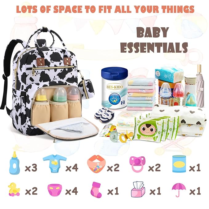 Baby Diaper Bag Backpack, Travel Diaper Bags for Baby Girl Boy Large Capacity Baby Bag Backpack for Women Cow Print