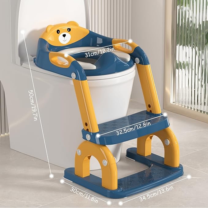 Potty Training Seat with Step Stool for Toddlers - Upgrade 2-in-1 Toilet Seat Toilet Ladder for Kids Children Boys Girls, Anti-Slip Pad & Adjustable Height with Waterproof - Dark Blue