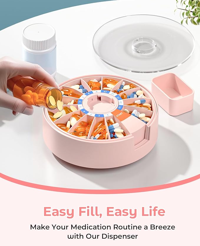 Daviky Pill Dispenser Daily, Large Pill Organizer with Wall-Mounted or Standing Use, 14 Days Pill Container, Push Button Design, Weekly Pill Box for Vitamin, Medicine,Supplement, Fish Oil(Pink)
