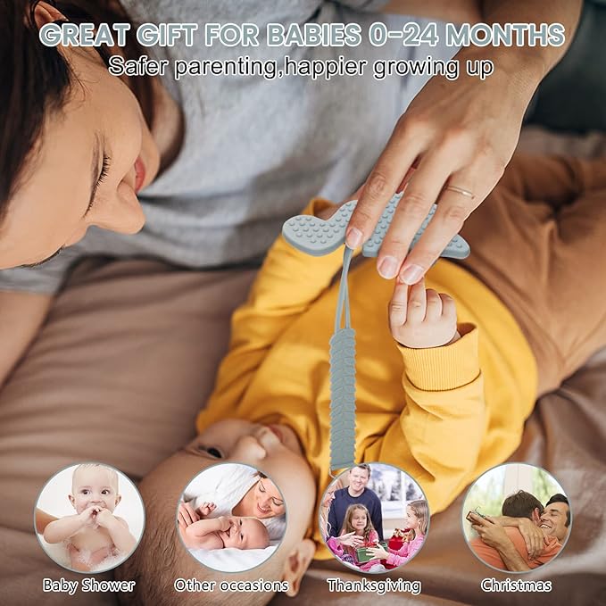 Teething Toys for Babies, Baby Teethers with Clip Silicone Baby Teether Toys for Boys and Girls Infant Teething Relief for Teething Dinosaur Shape, Gray