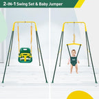 FUNLIO 2 in 1 Swing Set for Toddler & Baby Jumper, Heavy Duty Kids Swing & Bouncer with 4 Sandbags, Foldable Metal Stand for Indoor/Outdoor Play, Easy to Assemble and Store - Green