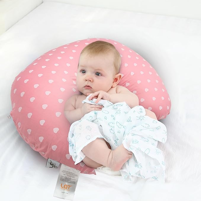 LAT Nursing Pillow and Positioner with 2 Cover for Breastfeeding, 100% Natural Cotton Cover and Waterproof Pillowcase for Breastfeeding and Bottle Feeding (Pink Series)