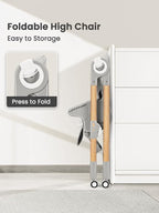 Foldable High Chair with Soft Cushion, High Chairs for Babies and Toddlers, Height Adjustable Feeding Chair, Adjustable Backrest and Footrest, Lockable Wheels, Woodgrain Star Gray