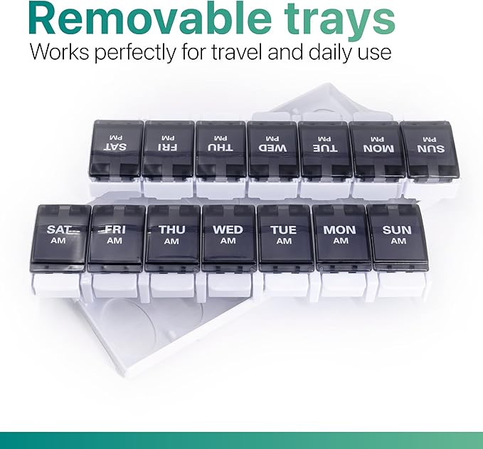 Sukuos AM PM Weekly 7 Day Pill Organizer, 2 Times A Day Pill Box with Arthritis Friendly Push Button, Medicine Cases for Vitamin/Fish Oil/Supplements, Easy to Clean (Black)