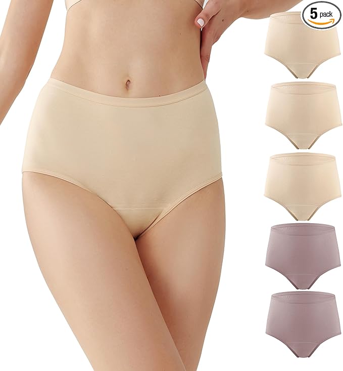 BATTEWA Incontinence Underwear for Women Washable, Leak Proof Underwear High Waist Cotton,Bladder Leakage 50ML (Beige-Blush, Medium, 5 Pack)