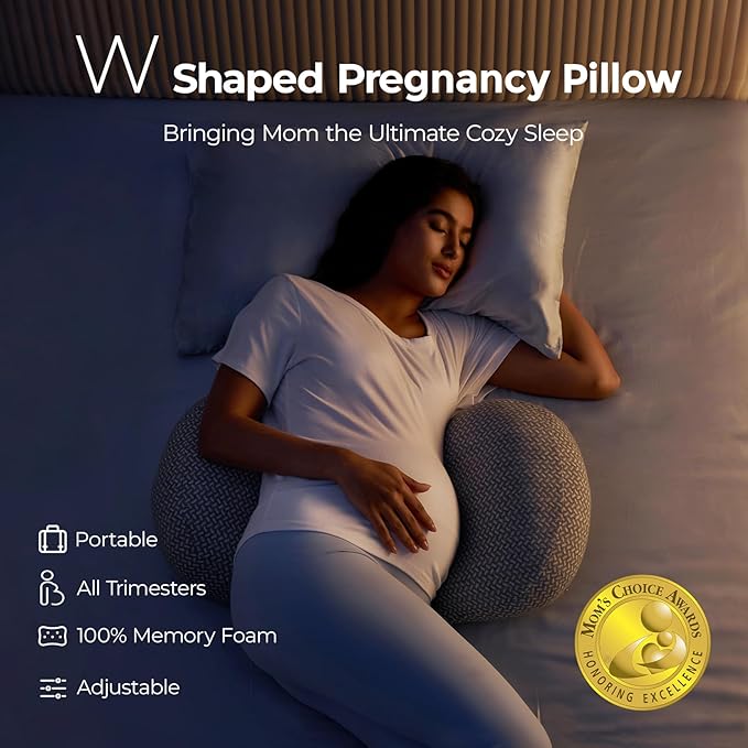 Momcozy Portable Pregnancy Pillow –Memory Foam W Shaped Maternity Great Support for Side Sleepers, Adjustable Travel Wedge Pillow for Back, Belly, and Hip Relief, Ideal for Pregnant Women, Grey