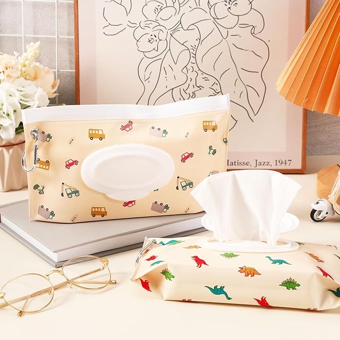 FEBSNOW 2 Pack Baby Wipes Dispenser, Portable Refillable Wipe Holder Baby Wipes Container Travel Wipes Case Reusable Wet Wipes Pouch (Dinosaur, Car)