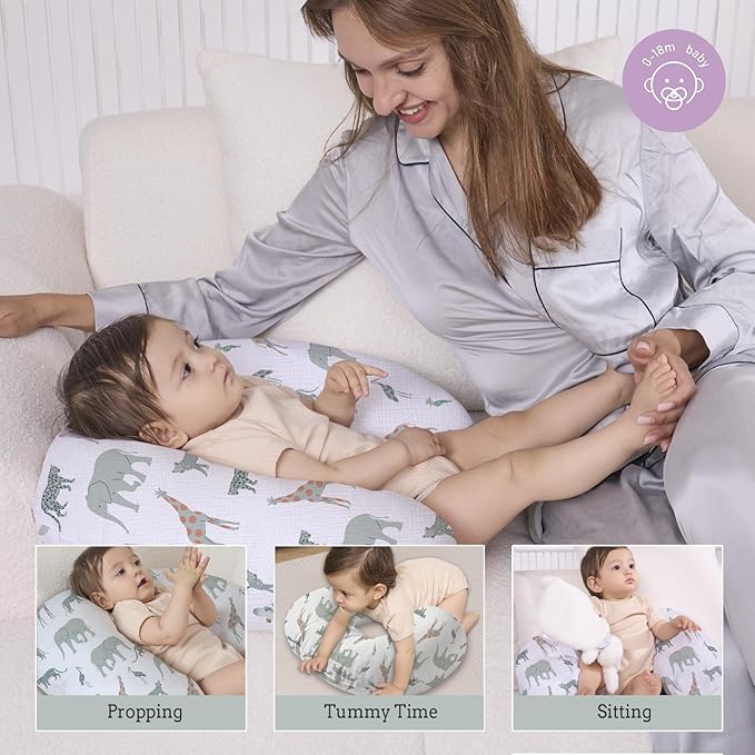 Little Grape Land Nursing Pillow, Soft 100% Cotton Breastfeeding Pillow with Breathable Muslin Removable Cover, Breast Feeding Pillows for Babies 0-12 Months with Protective Zipper, Safari